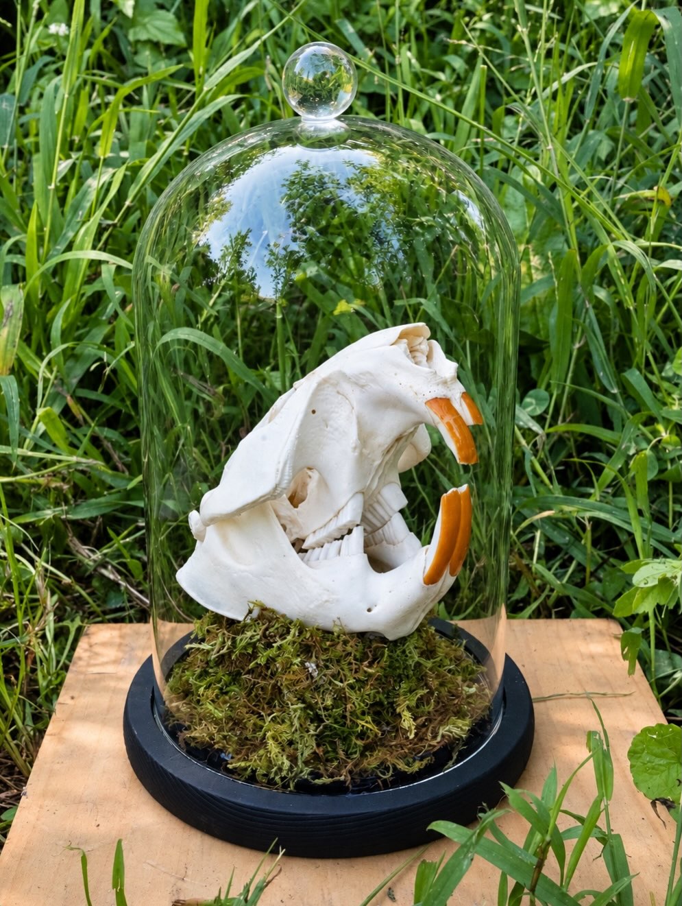 Beavis — A beaver skull displayed in a glass dome.