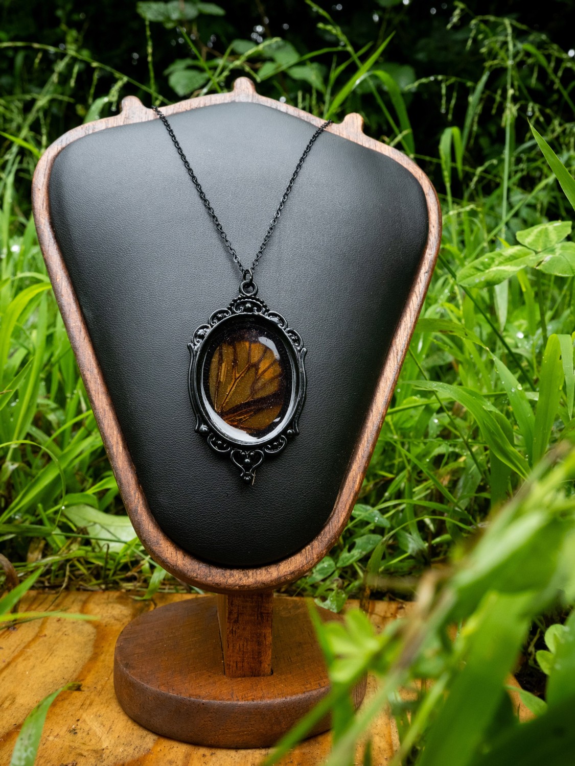 Butterfly wing necklace · II. An orange-toned butterfly wing in a black oval pendant.